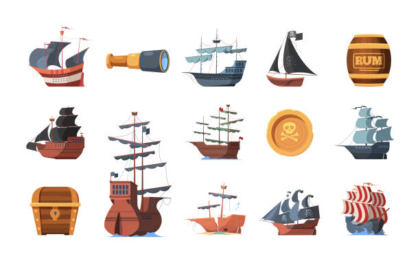 piraten-symbole. alte schiffe von plünderern und eindringlingen papagei spyglass haken beute greinige vektorboote von piraten - piratenschiff stock-grafiken, -clipart, -cartoons und -symbole