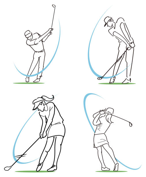 гольф качели набор - golf swing golf teeing off men stock illustrations