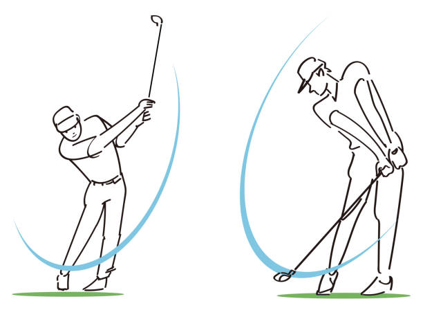 illustrazioni stock, clip art, cartoni animati e icone di tendenza di golf swing-men - golf golf club golf course teeing off