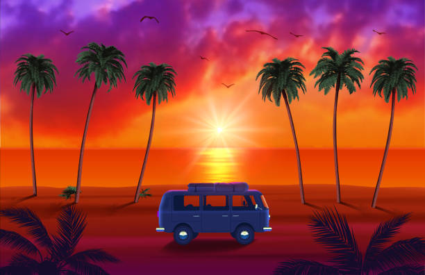 istock Van with Surfboard on Beautiful Tropical Beach with Palm Trees and Sunset 1314936085