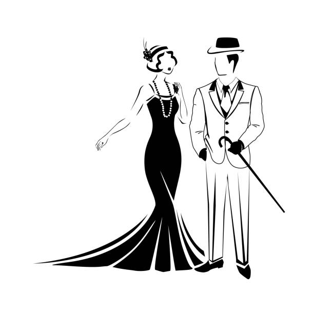 пара в ретро одежде - retro revival couple men elegance stock illustrations