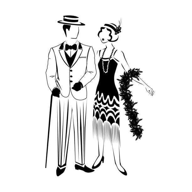 couple in retro clothes Beautiful Couple in retro evening clothes 1920. Vector silhouette of a man and a woman in vintage style drawn by lines for decorating a flyer, postcard or label 1930s style men image created 1920s old fashioned stock illustrations