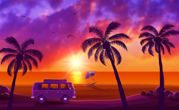 istock Van with Surfboard on Beautiful Tropical Beach with Palm Trees and Sunset 1314936451