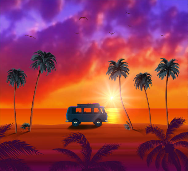 istock Van with Surfboard on Beautiful Tropical Beach with Palm Trees and Sunset 1314936466