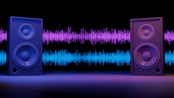 istock Music art concept speaker system dark light cyber light blue and pink , work space or background art. 3D rendering. 1314937512