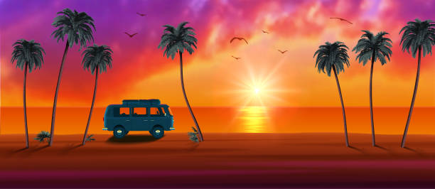 istock Van with Surfboard on Beautiful Tropical Beach with Palm Trees and Sunset 1314937911