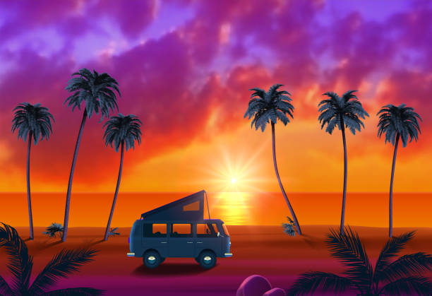 istock Van with Surfboard on Beautiful Tropical Beach with Palm Trees and Sunset 1314937965