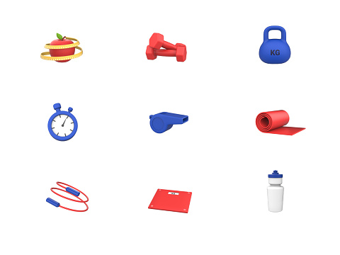Set of gym tools and elements 3D render icons