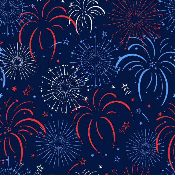 레드, 블루 화이트 컬러, 파티 배경, 독립 기념일, 직물, 배너, 배경 화면, 포장에 좋은 재미있는 손으로 그린 불꽃 놀이 원활한 패턴 - 벡터 디자인 - fireworks stock illustrations