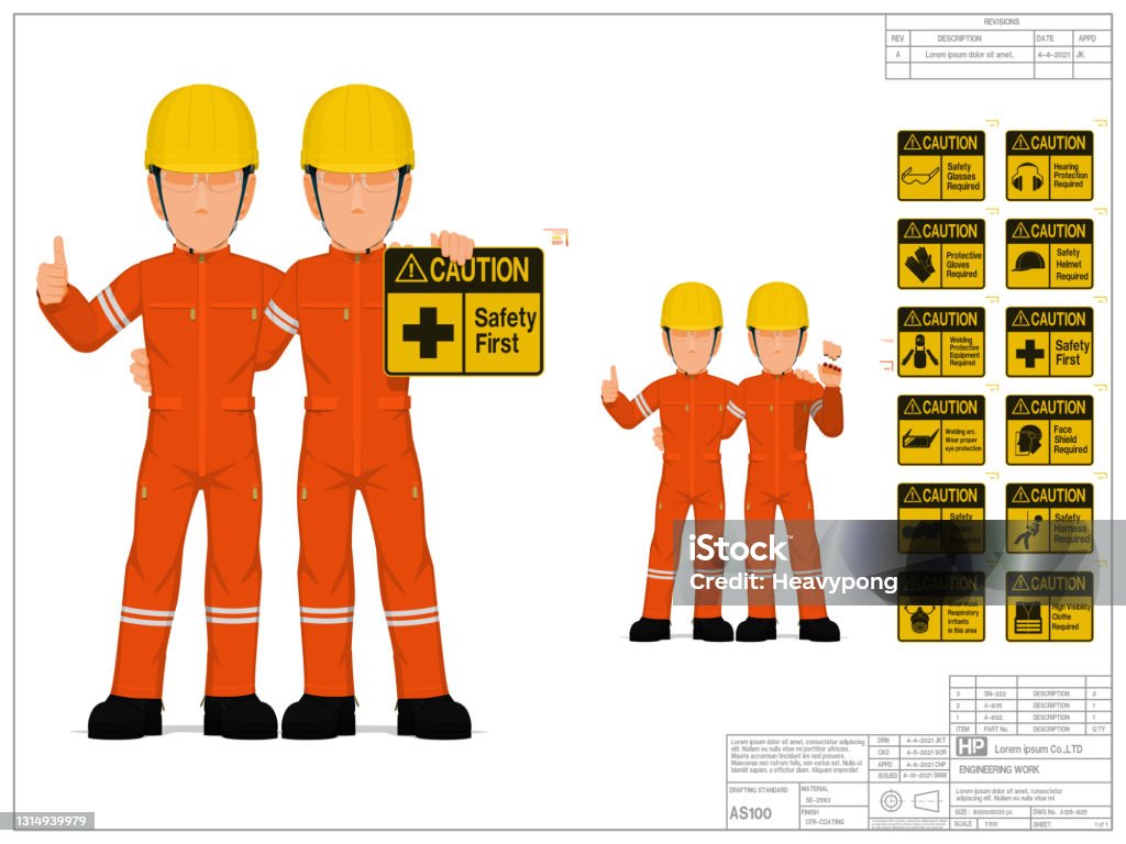 Workers Signages Two Industrial Workers Are Presenting Warning Sign On White Background ...