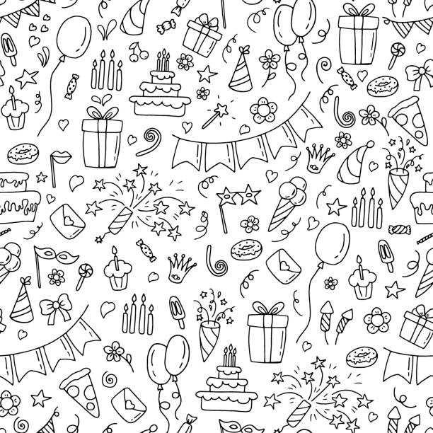 Happy birthday hand drawn seamless pattern. Happy birthday hand drawn seamless pattern. Vector illustration of hand drawn doodle birthday seamless pattern for wallpapers, wrapping, textile prints, backgrounds. balloon patterns stock illustrations