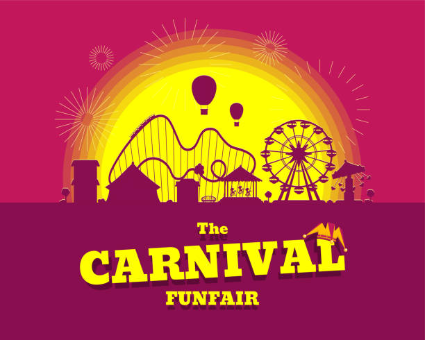 Carnival funfair flyer or banner. Amusement park with circus, carousels, rollercoaster, attractions on sunset background. Fun fair landscape with fireworks. Ferris wheel and merry-go-round festival Carnival funfair flyer or banner. Amusement park with circus, carousels, roller coaster, attractions on sunset background. Fun fair landscape with fireworks. Ferris wheel and merry-go-round festival traveling carnival stock illustrations