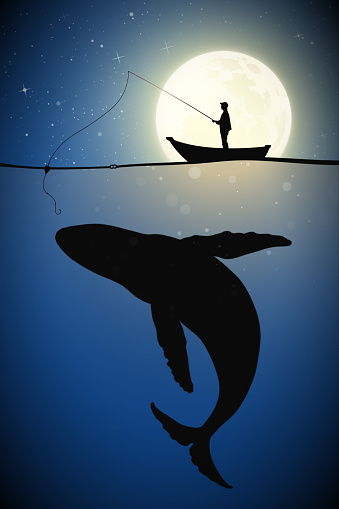 Man silhouette with fishing rod and big whale under water. Full moon in starry sky