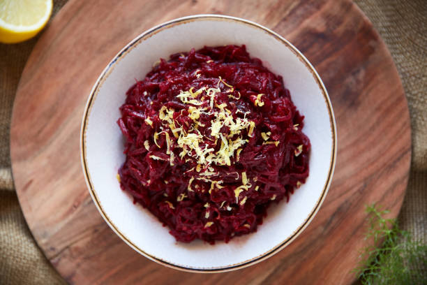 istock Overhead shot of a roasted beetroot salad in a white serving bowl 1314942886