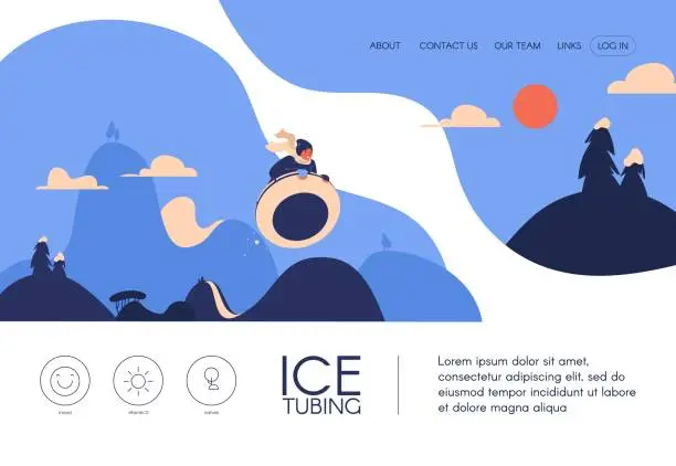 Vector illustration of Ice tubing landing page with happy kid riding tube donut in winter landscape. Healthy lifestyle banner template