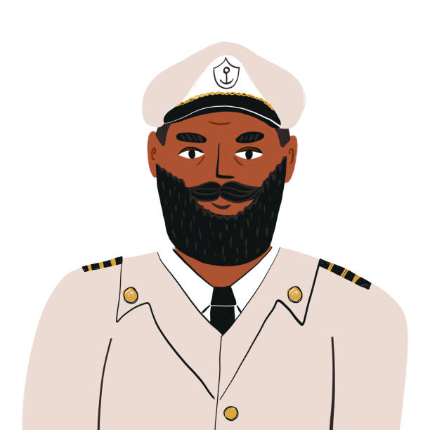 istock Portrait of a kind bearded Black captain in a marine professional uniform with epaulets, wearing a cap with an anchor sign - conqueror of the seas and oceans symbol. Hand drawn vector isolated illustration. 1314943265