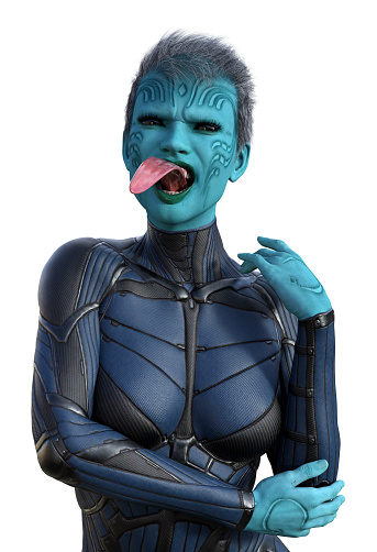 3d illustration of a blue female alien with skin carving and a very long tongue on a white background.
