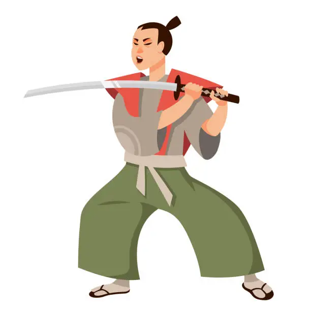 Vector illustration of Samurai in attacking position.