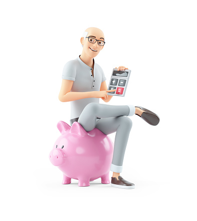 3d senior man sitting on piggy bank with calculator, illustration isolated on white background