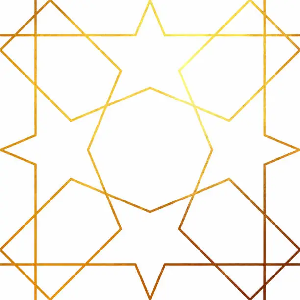 Vector illustration of Abstract Geometric Gold Line Art Background.  Metallic invitation, brochure or banner with minimalistic geometric style. Lisbon Arabic Geometrical Mosaic, Mediterranean Ornament. Greeting Card Template, Vector Fashion Wallpaper, Poster.