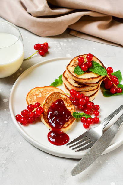istock Breakfast food pancakes with cherry jam 1314945816
