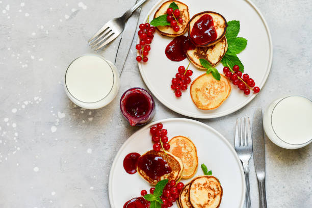istock Breakfast food pancakes with cherry jam 1314945828