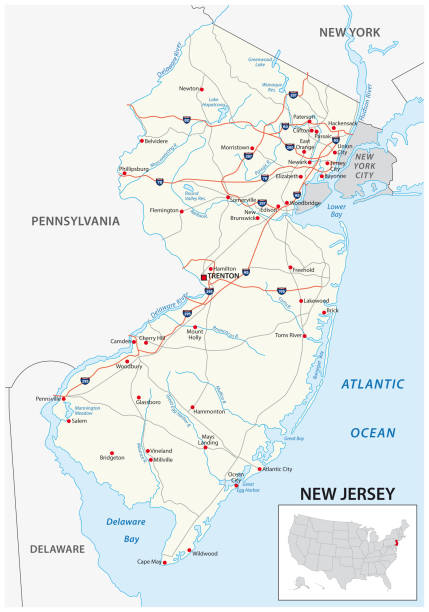 ilustrações, clipart, desenhos animados e ícones de mapa do estado americano dos eua de nova jersey - usa delaware map cartography