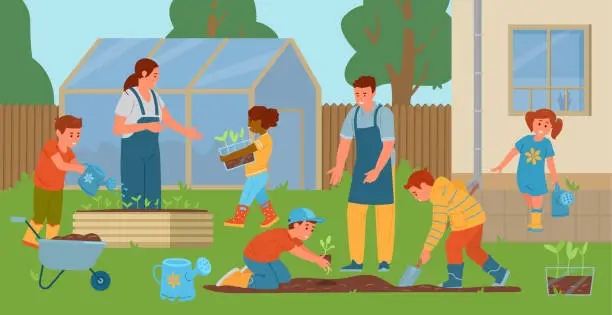 Vector illustration of Teachers And Children Gardening In The Backyard