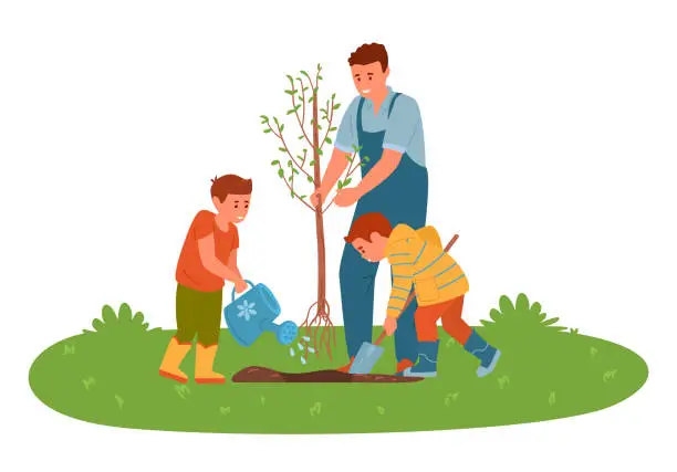 Vector illustration of Father With Sons Planting A Tree In The Garden