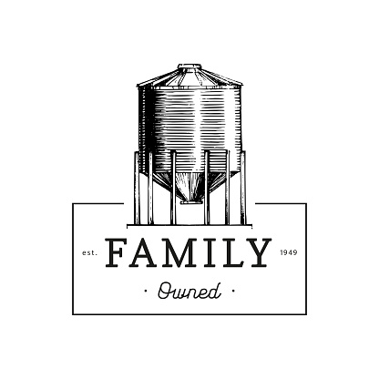 Farm hopper logo with Family Owned lettering in vector. Used for market packaging, store label etc. Graphic illustration of grain container.
