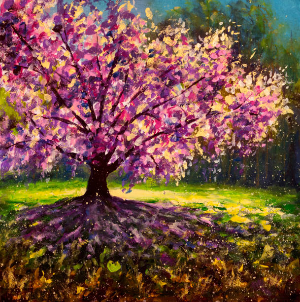 istock Spring oil painting flowering cherry sakura tree on sunny meadow in forest illustration. Warm summer impressionism landscape background for book of fairy tales. 1314948250