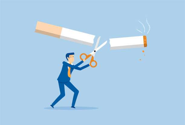 ilustrações de stock, clip art, desenhos animados e ícones de no smoking and cut cigarette out with scissors - breaking cigarette