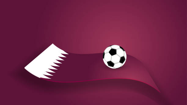 stockillustraties, clipart, cartoons en iconen met de vlag van qatar met voetbalbal op donkere scharlaken achtergrond. voetbal 2022. vector 3d - qatar football