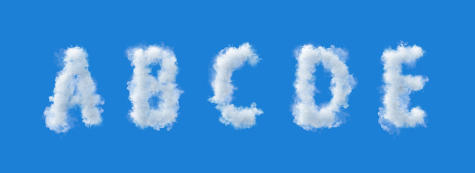 Alfabeto 3D, Letras de nube a b c d e, Cielo Azul, Ilustración 3D photo