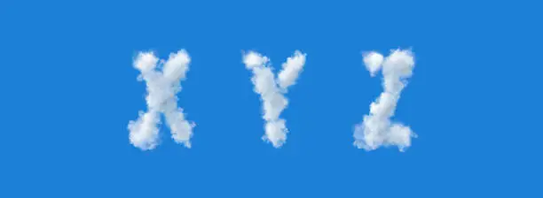 3d alphabet, Cloud letters x y z, Blue Sky, 3d illustration