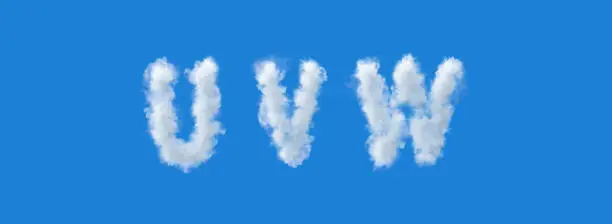 Photo of 3d alphabet, Cloud letters u v w, Blue Sky, 3d illustration