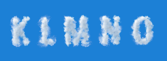 Alfabeto 3D, Letras en la nube k l m n o, Cielo azul, ilustración 3d photo