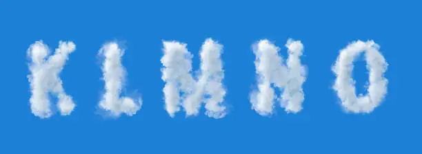 3d alphabet, Cloud letters k l m n o, Blue Sky, 3d illustration