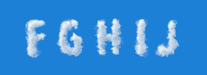 Alfabeto 3d, Letras de nube f g h i j, Cielo azul, ilustración 3d photo