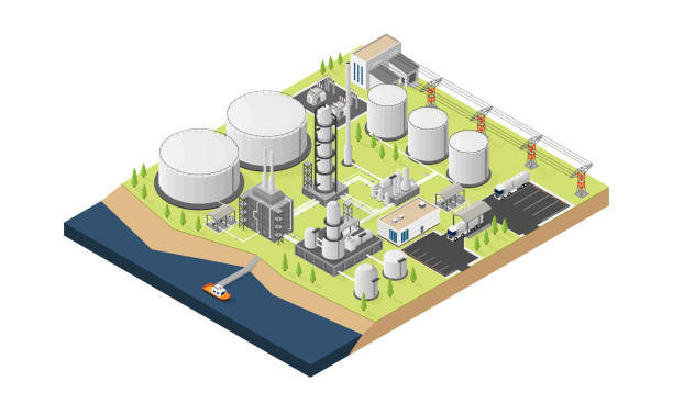 oil refinery plant with isometric graphic oil refinery plant with isometric graphic refinery stock illustrations