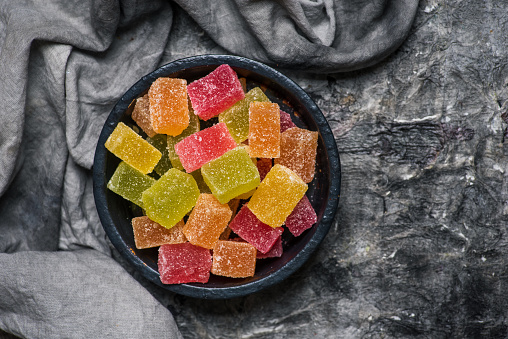 Slab Jelly Gummy Square Candy Colorful Desserts with Crystallized Sugar in a Bowl
