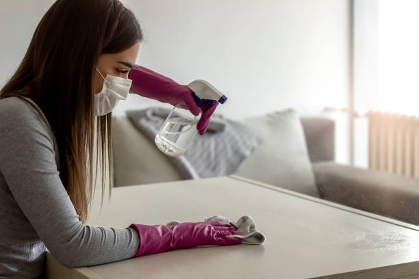 istock Woman's hands in protective gloves holding towel while disinfecting coffee table against viruses. 1314953312