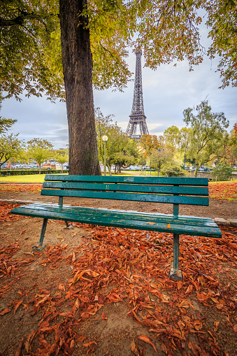 Green bench in Autumn with the Eiffel Tower in the background in Paris France