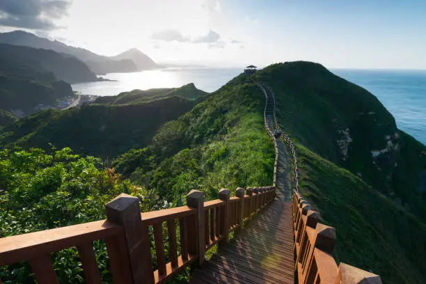 Beautiful trail build on mountain ridge have a great view of mountain and ocean in Taiwan