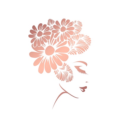 Young lady face.Profile view portrait.Modern hairdresser.Trendy female.Cosmetics, spa logo.Pink color.