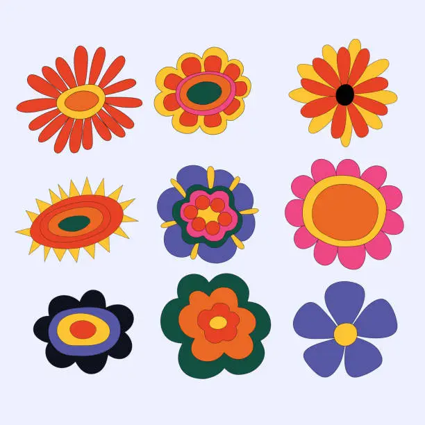 Vector illustration of collection of hippie flowers. vintage vector wildflowers.Funky and groove isolated plant elements.Plants of the 60s and 70s.Naive childish style by hand.Open-air flower festival.Forget-me-not, daisy.