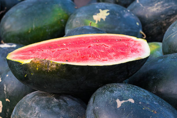 Red cut watermelon on a pile of ripe watermelons, summer fruit.