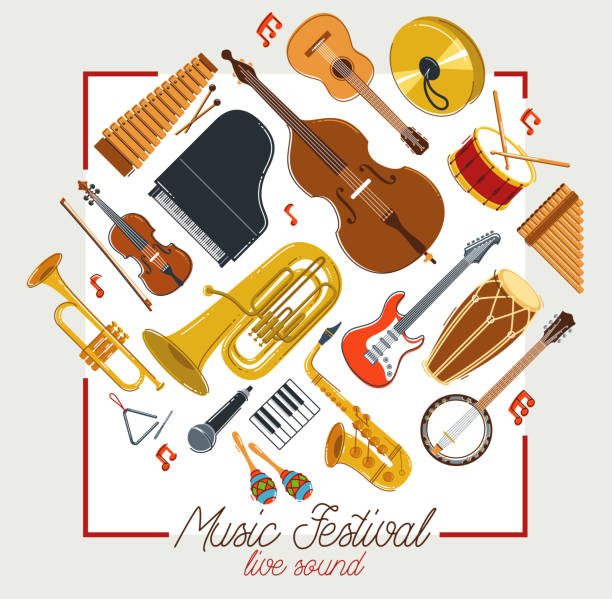 istock Music orchestra diverse instruments vector flat poster, live sound concert or festival, musical band or orchestra playing and singing songs advertising flyer or banner. 1314958612