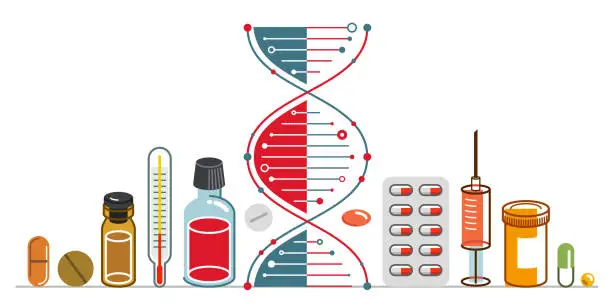 Vector illustration of DNA strand based medical theme composition with lots of different drugs and meds vector illustration isolated, drugstore or medical biotechnology scientific research.