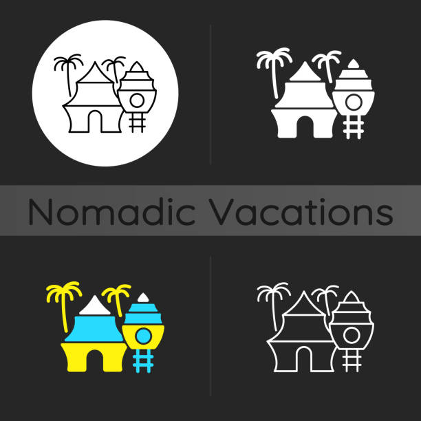 illustrazioni stock, clip art, cartoni animati e icone di tendenza di icona del tema scuro del resort nomade - tourist resort hotel silhouette night